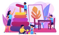 Day care center, kindergarten pupils and tutor. Primary education. Nursery school, high quality preschool program, private nursery near you concept. Bright vibrant violet vector isolated illustration